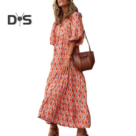 

Платье с цветочным принтом в стиле бохо, женское, с V-образным вырезом, А-силуэта, макси, пляжное платье с рукавами-фонариками, повседневное, свободное, с высокой талией, с развевающимся подолом, для пляжной вечеринки XL оранжевый