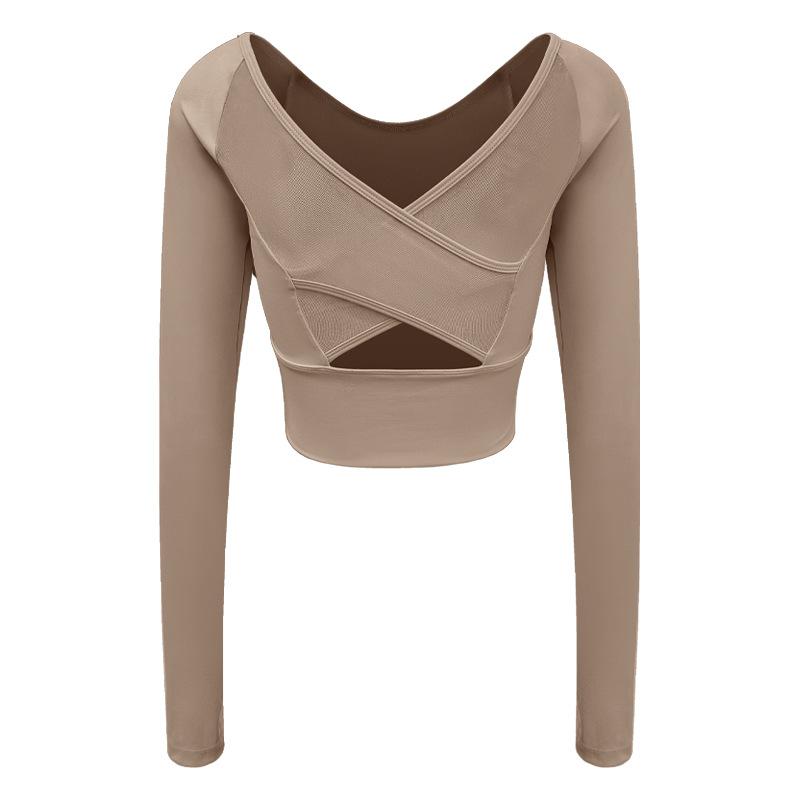 Yoga clothes women's 1011 spring new sports outdoor fitness mesh cross beautiful back long sleeve fitness clothes top