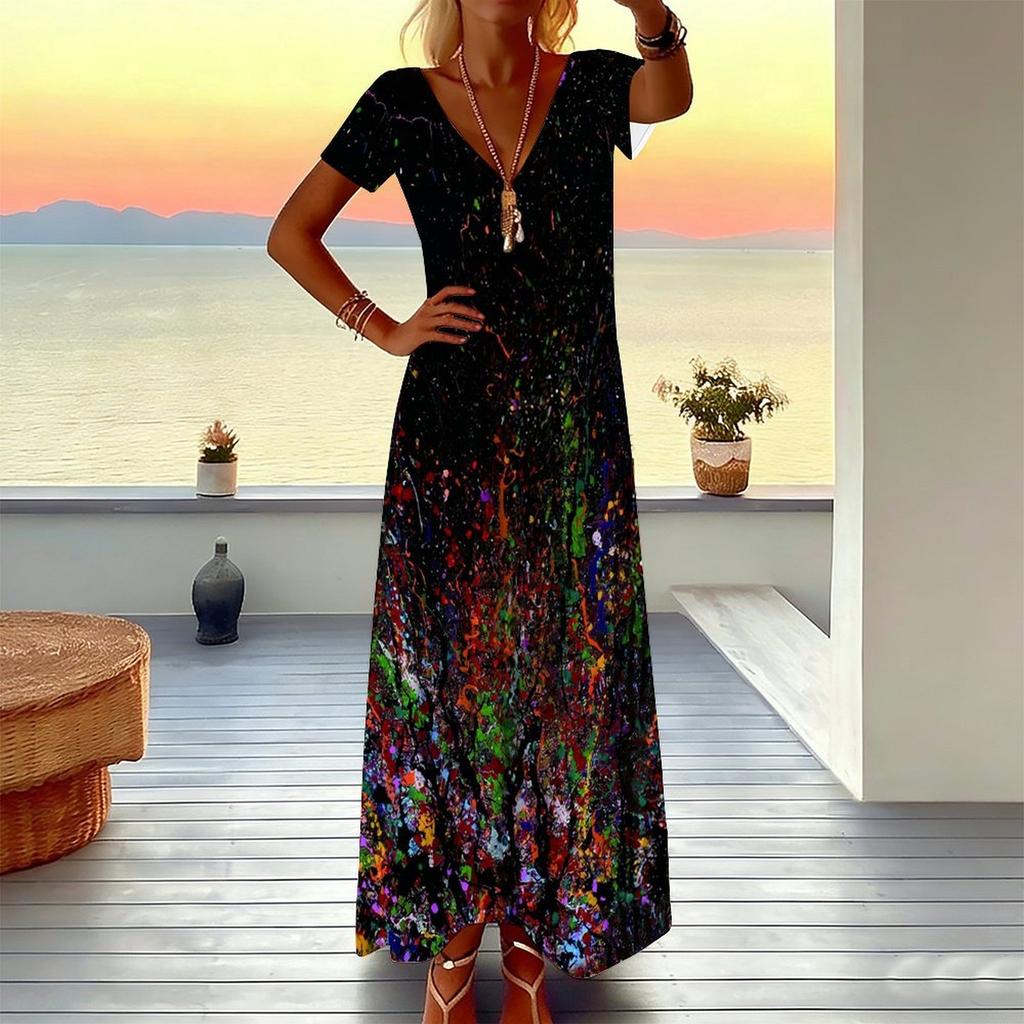 Women Plus Size Short Sleeve V Neck Maxi Dress Marble Swirl Print Loose Casual Summer Beach Long Dress