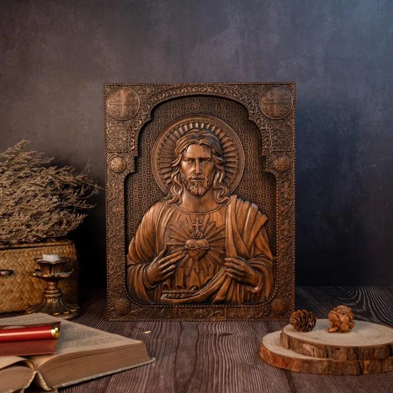 Sacred Heart of Jesus Catholic Jesus Statue, Religious Wooden Plaque, Wall Hanging, Church Room, Home Decoration, Christmas