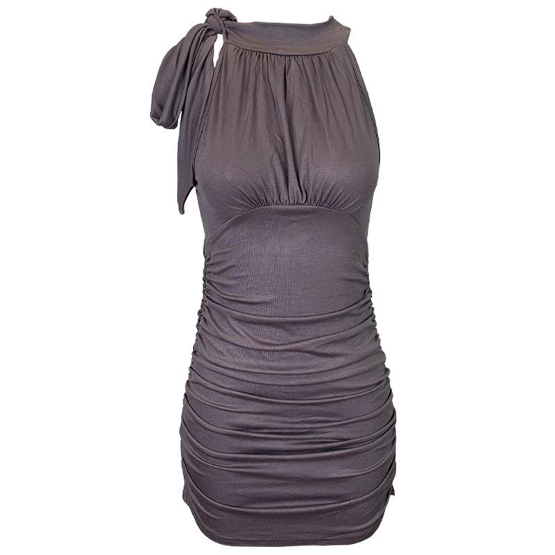 Korean Dongdaemun Style Halter Neck Sleeveless Pleated Bodycon Dress