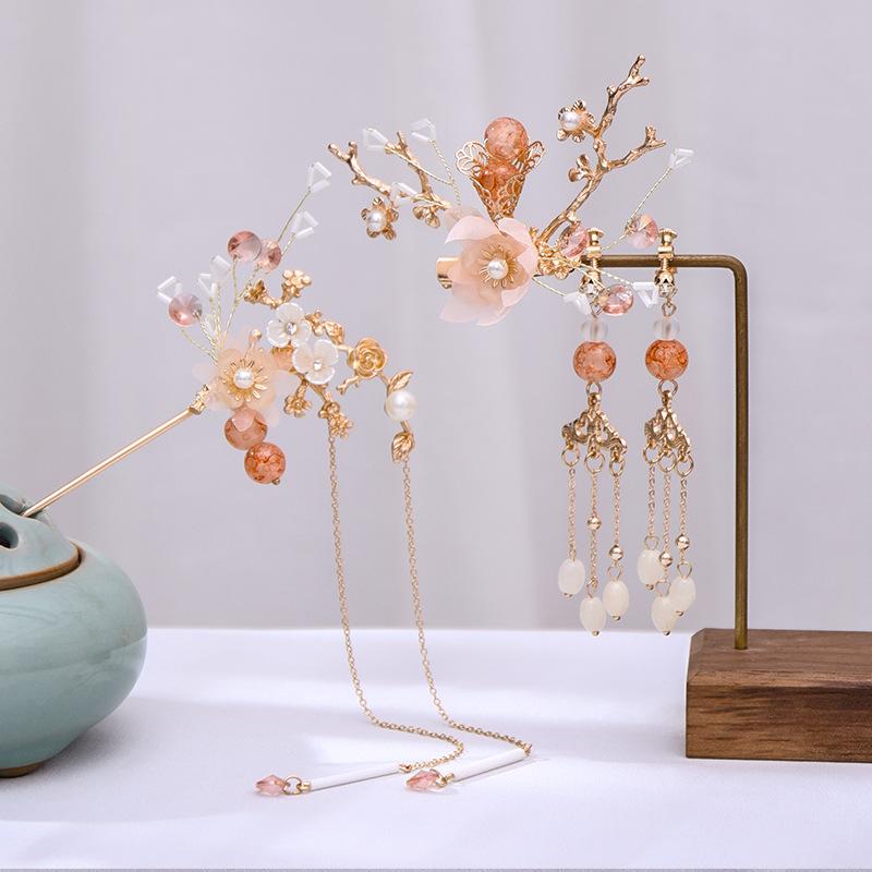 FORSEVEN Chinesisches Haaraccessoires Damen Blume Perlen Haarnadeln Lange Quaste Kopfschmuck Stäbe Haarkamm Brautschmucksets