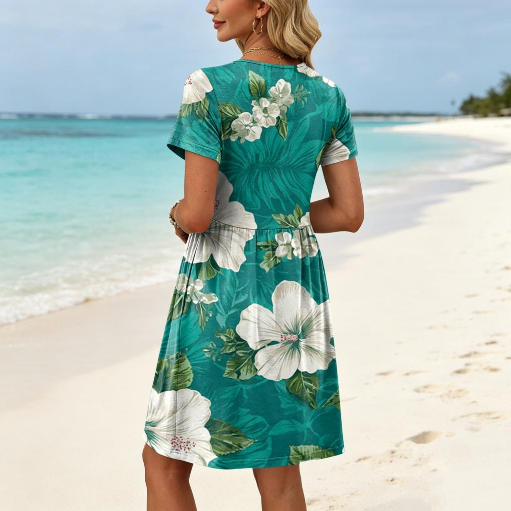 Women Short Sleeve Floral Print Crew Neck Casual Waist Dress with Belt and Pockets for Everyday Wear Comfortable Fit