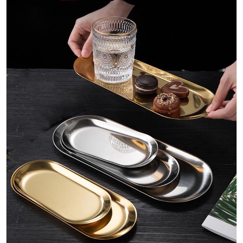 Stainless Steel Dining Dish Plate Tray Jewelry Cosmetic Decorative Trays Organizer Snack Nut Fruit Cake Holder Storage Kitchen