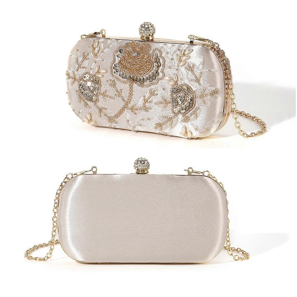 Elegant Floral Embroidered Beaded Bag Evening Bag For Women Lightweight Polyester Multipurpose Shoulder Handbag Silver