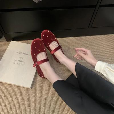 Fashion IPPEUM Red Velvet Ballet Flats Women Mary Janes Shoes 2025 New Round Toe Buckle Ballerina Shoes