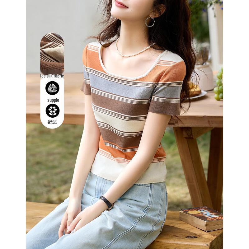 

Топ с U-образным вырезом из ледяного шелка с контрастным узором Майяра L