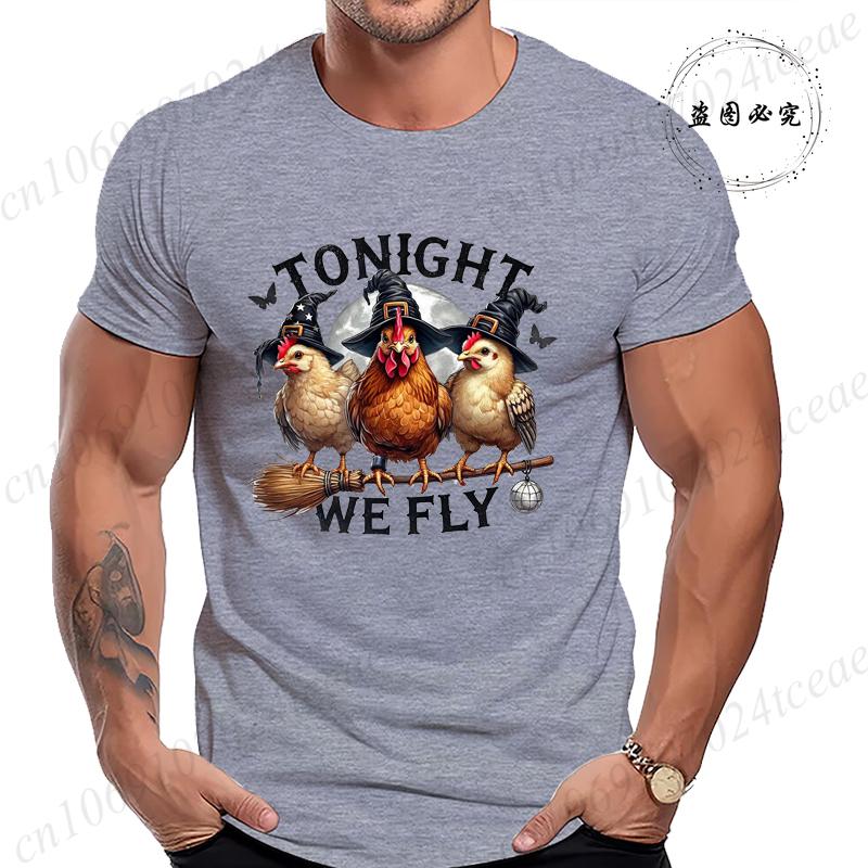Halloween Tonight We Fly TShirt for Women Men Chicken Witches Hat Funny Casual TShirt Spooky Witch Men TShirts Clothing Tops