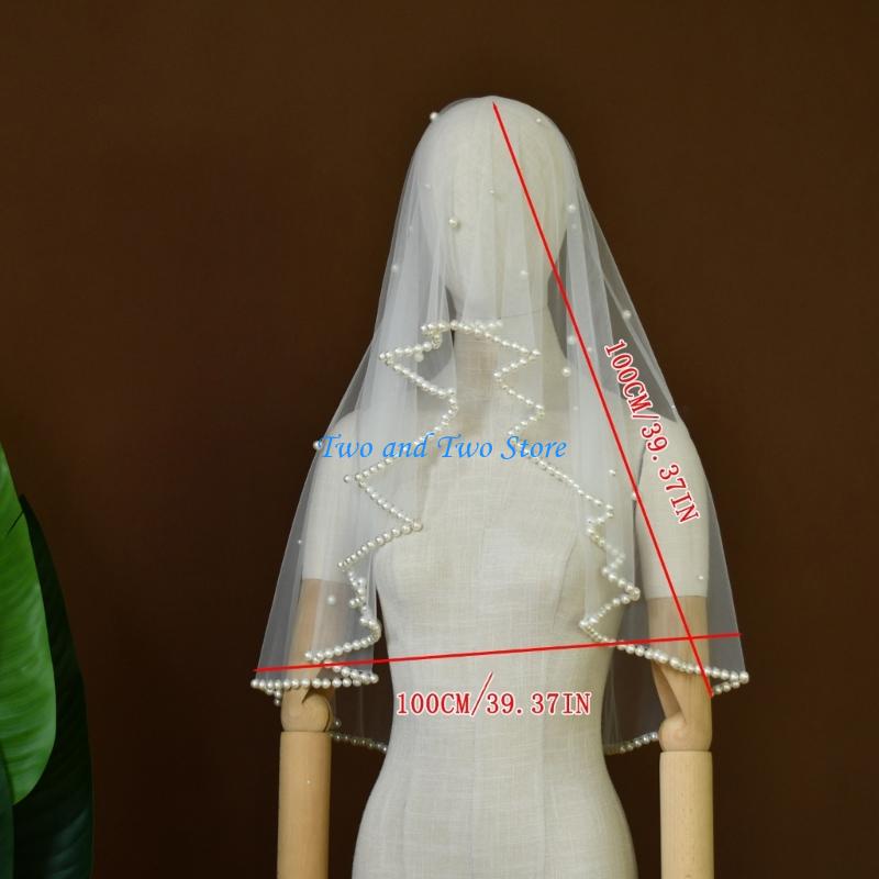 HX6F Luxurious Pearls Decors Bridal Veils Headpiece Soft Sheer Seethrough Tulle Veils For Wedding Event Photography Accessories
