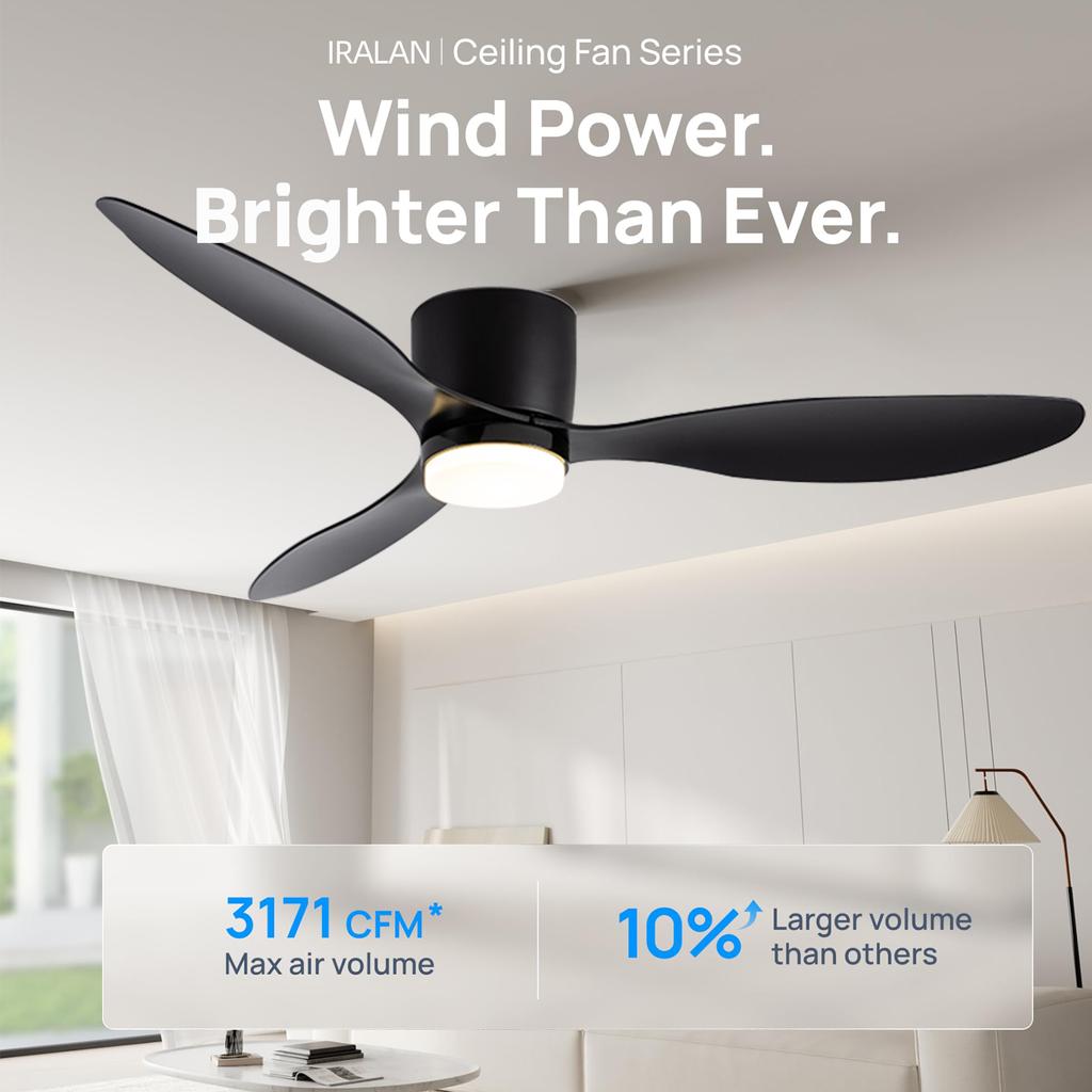 IRALAN Ceiling Fan With Light 6-speed Choice Reversible DC Motor 3CCT with Remote Control Whisper Easy Install black/White/Wood