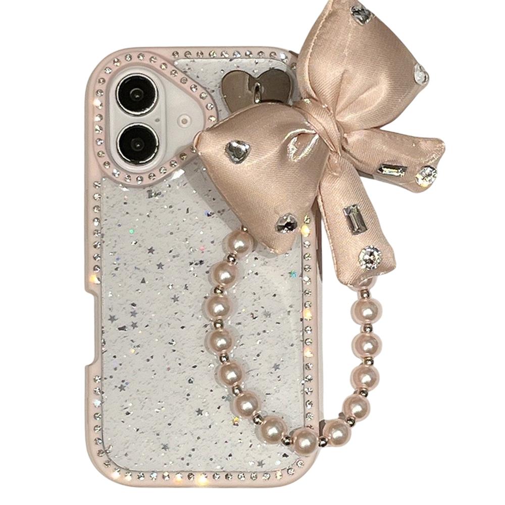

For iPhone 16 Case Glitter Epoxy Design TPU+PC Phone Back Cover with Bow Strap,Rhinestone Decor Pink