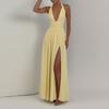 2026 European and American Summer New Dresses, Elegant Temperament Banquet Solid Color Split Deep V-neck Dress