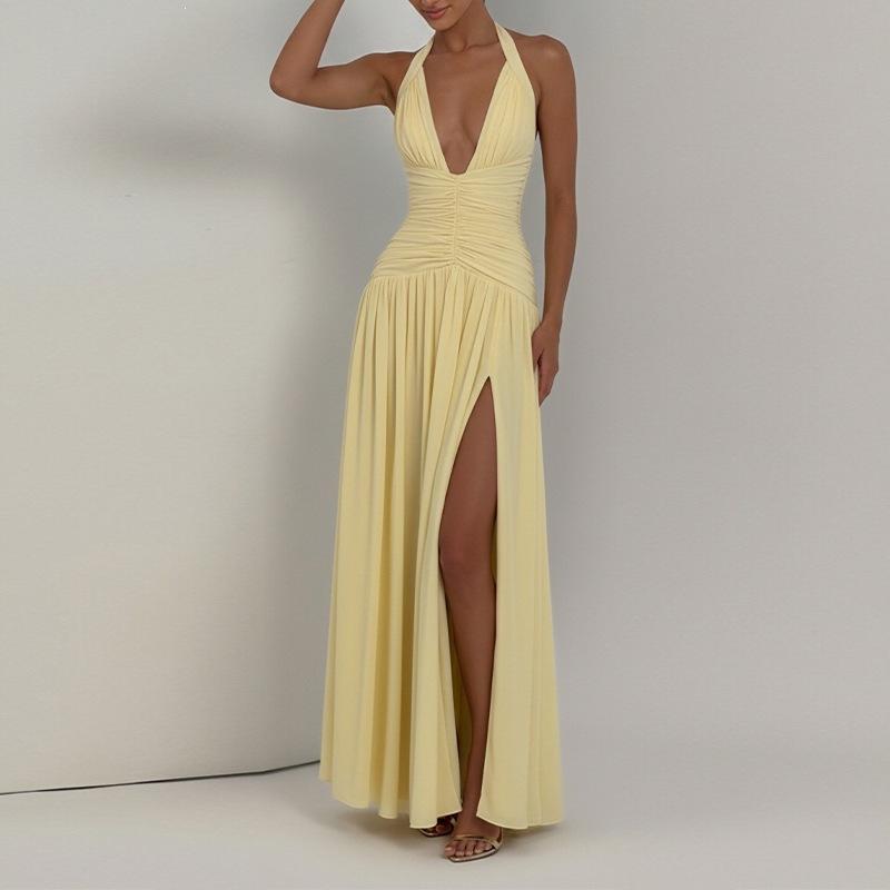 2026 European and American Summer New Dresses, Elegant Temperament Banquet Solid Color Split Deep V-neck Dress
