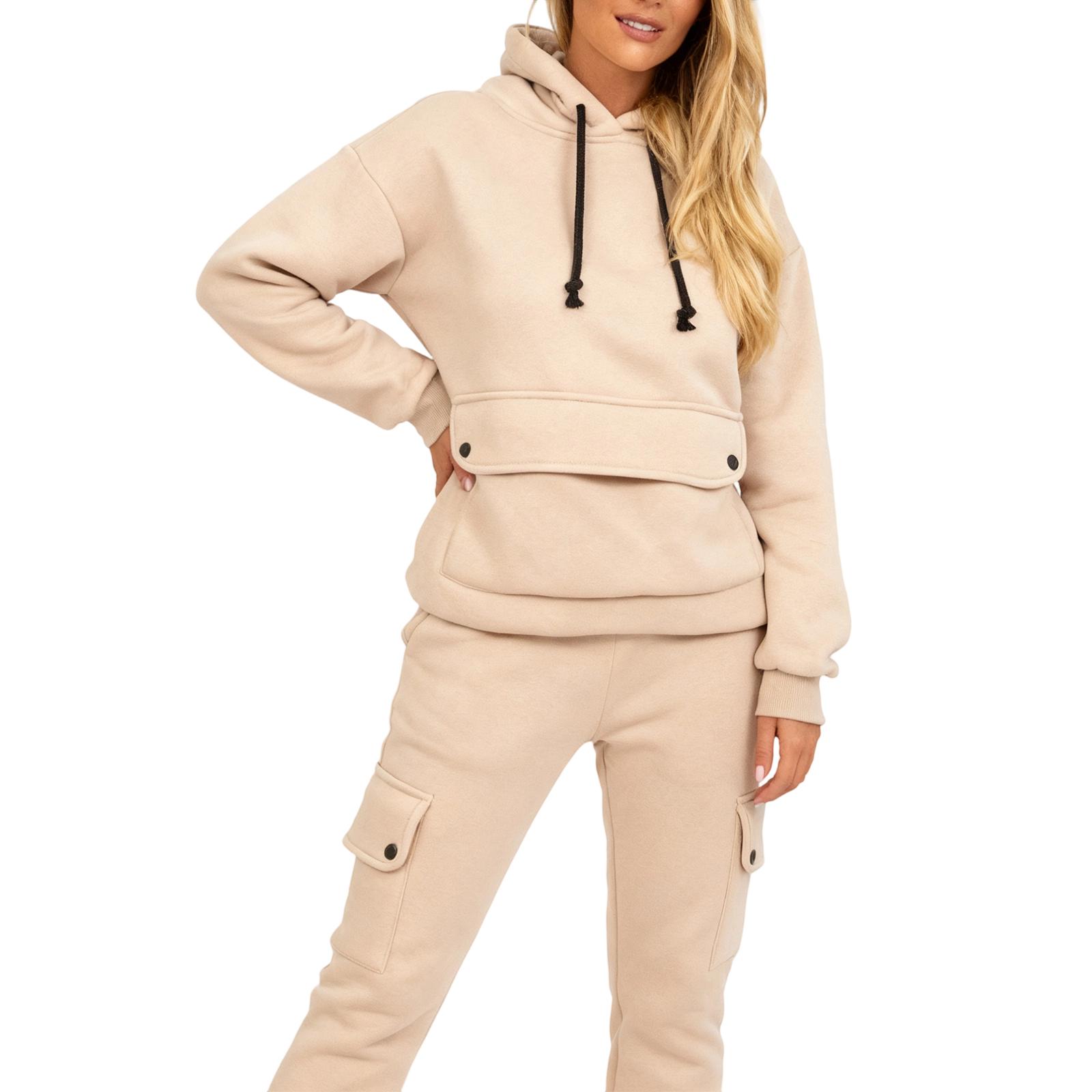 

Женский повседневный и модный комплект с V-образным вырезом, капюшоном и рабочих брюк, плюшевый повседневный спортивный комплект из двух предметов L хаки