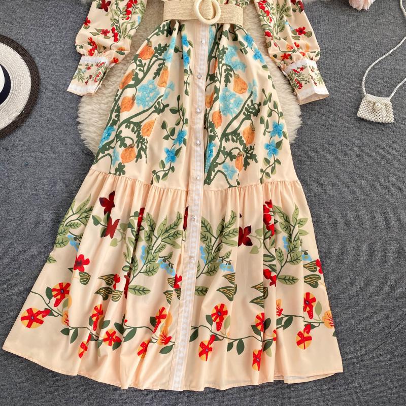 Autumn Sashes Flower Print Long Sleeve Dresses Women Button Vintage Maxi Dress Stand Collar Slim Waist Vestidos