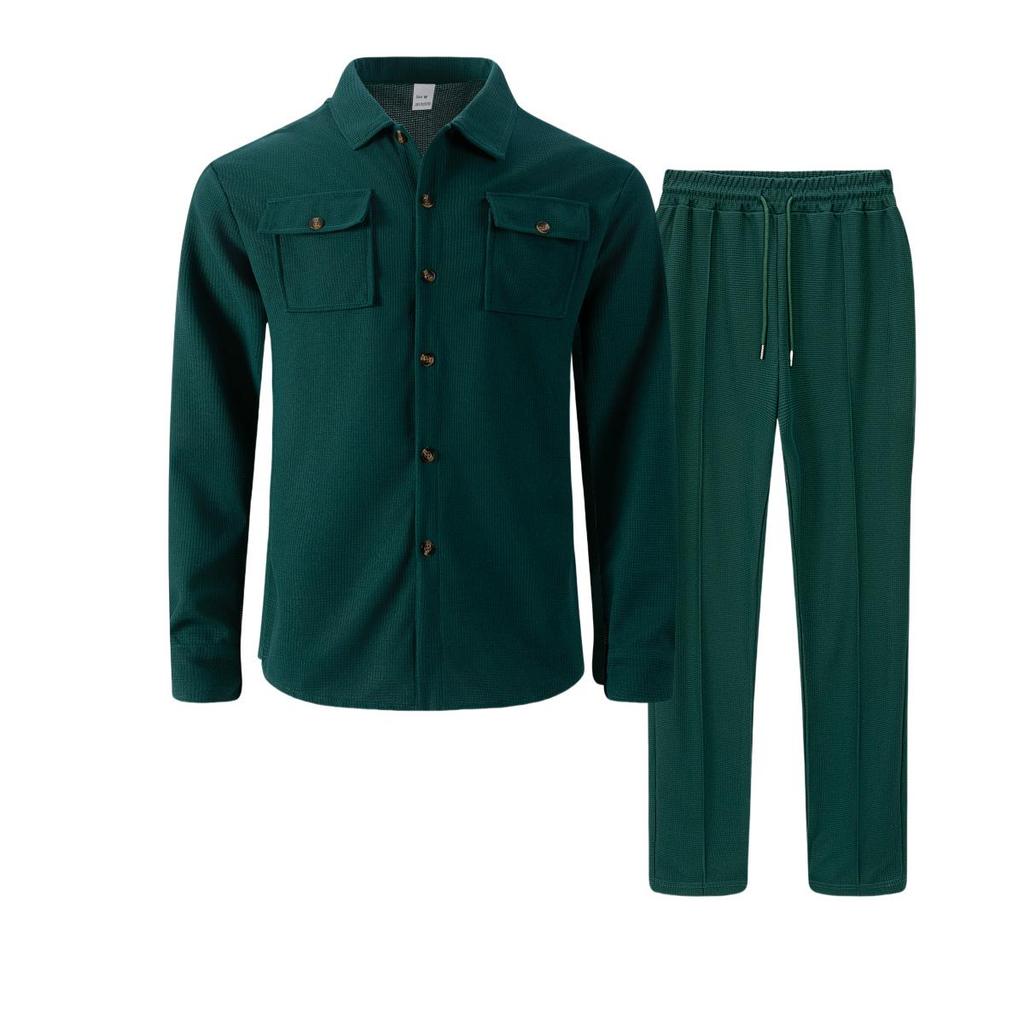 European & American Autumn Waffle Long Sleeve Two-Piece Cardigan Set with Double Pocket.