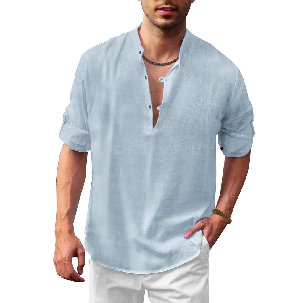 Designer Spring Summer Men's Casual Cotton Linen Solid Color Long Sleeve Shirts Loose Stand Collar Shirts