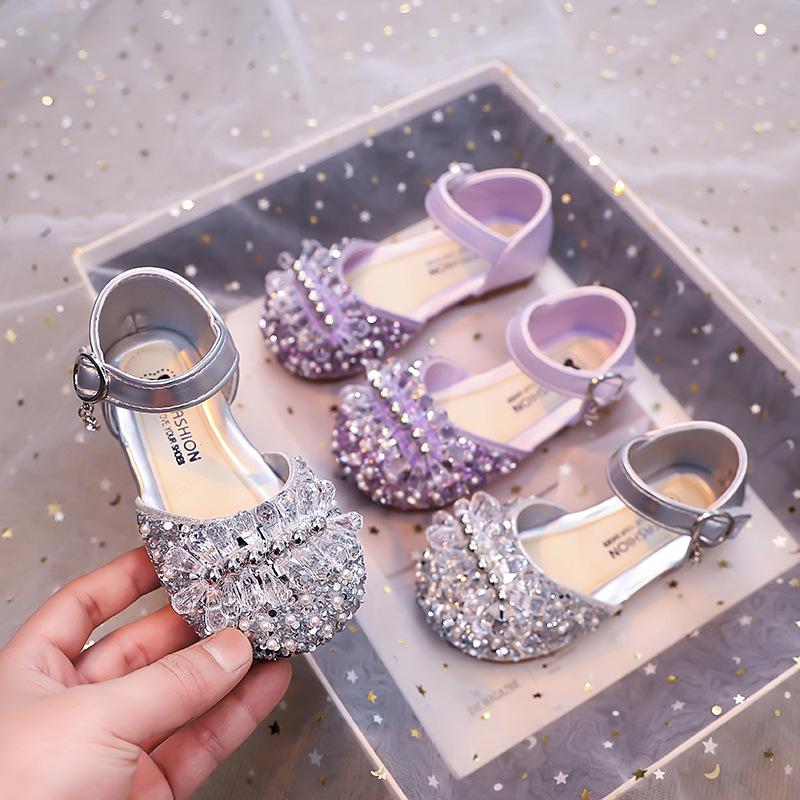 Girls Silver Single Shoes 2025 Spring and Autumn New Children's Rhinestone Korean Version Princess Shoes Little Girl Crystal Shoes Small Leather Shoes