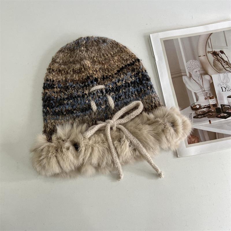Niche Mixed-color Rabbit Rough Edge Warm Big Head Circumference Knitted Hat Women's New Autumn and Winter Design Sense Strap Headgear
