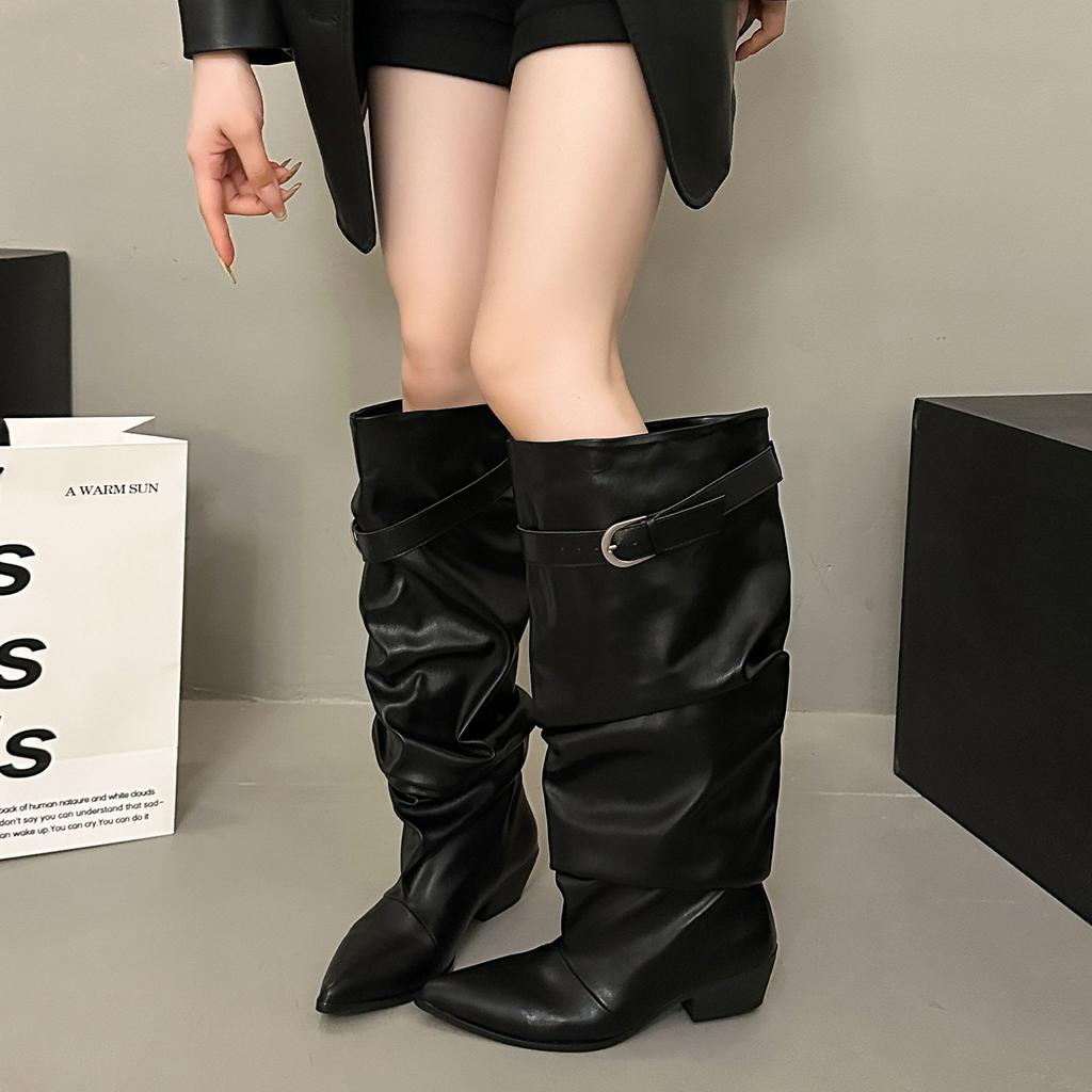 European and American style belt buckle pointed boots women's thick heel tall thin boots new long tube stacking boots