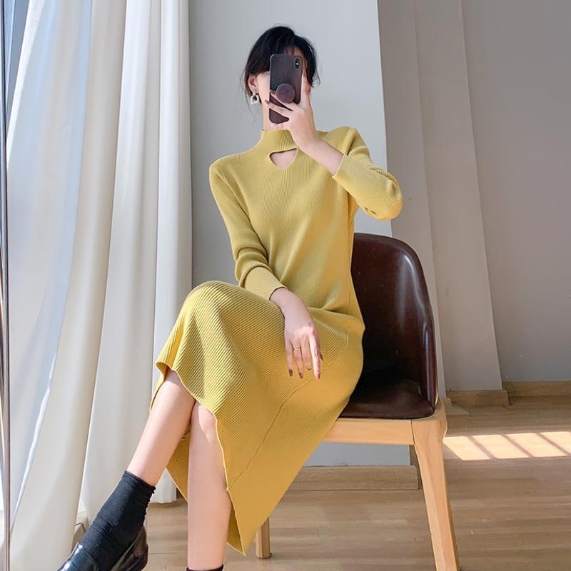Temperament Elegant Style Semi-turtleneck Knitted Primer Dress Women's Autumn and Winter Medium and Long Slim-fitting Knitted Sweater Skirt