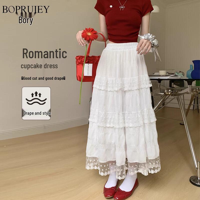 

French Style Lace Trim Pleated A-line Skirt L