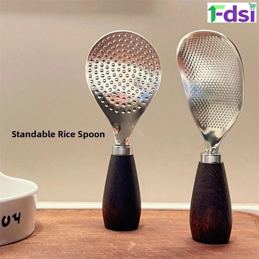 304 Stainless Steel Rice Spoon With Stand-Up Wooden Handle, Household Kitchen Spoon, Rice Cooker Rice Spoon