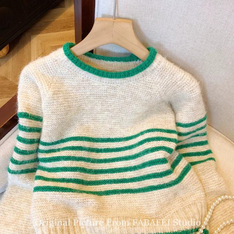 Women's High-Grade Mohair Striped Knit Sweater - Soft, Fluffy, Contrasting Colors, Long Sleeve, Lazy Autumn Style