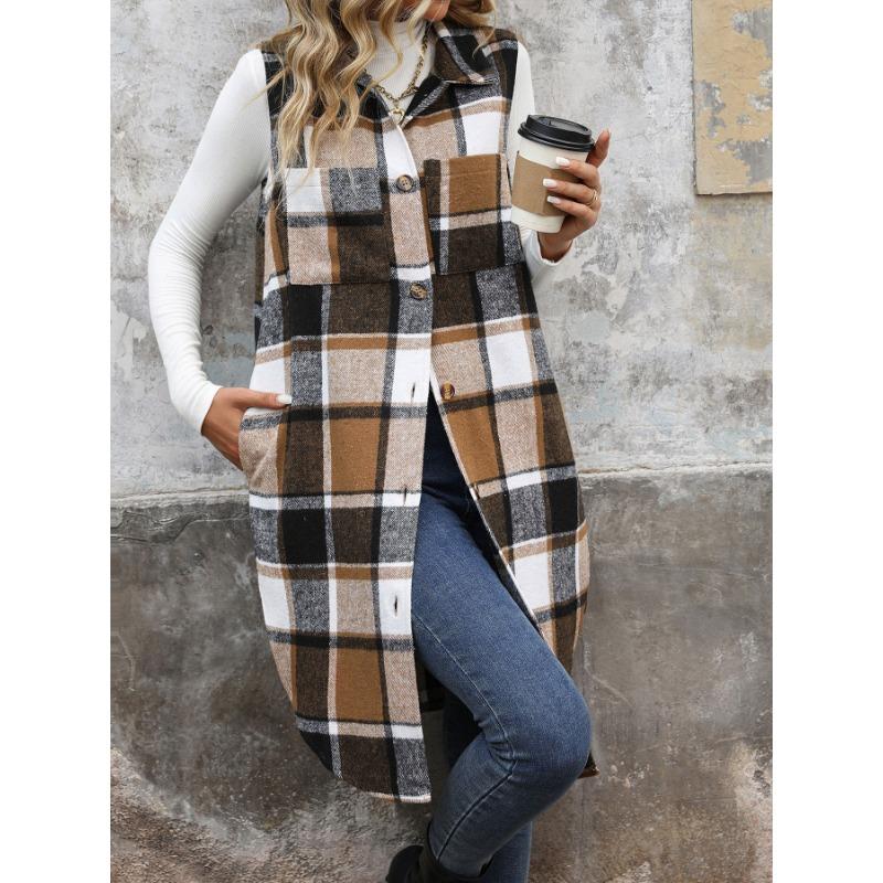Women Plaid Print Flap Collar Sleeveless Jacket  Autumn Loose Fashion Single Breasted Long Thermal Vest