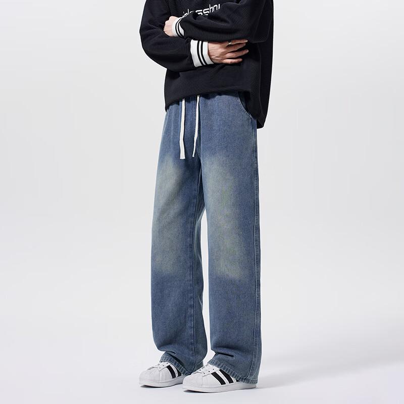 Chutang Men's American Style Loose Fit Wide-Leg Jeans