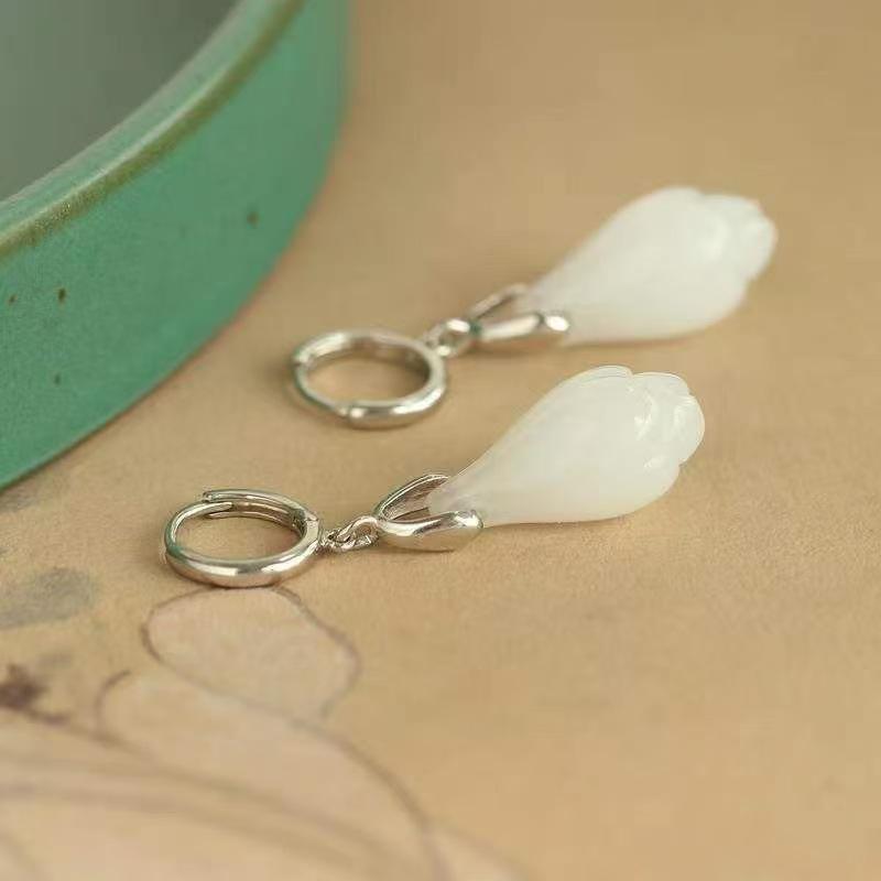 Palace Museum Retro White Jade Earrings: Elegant, High-End Women's Ear Studs & Hoops