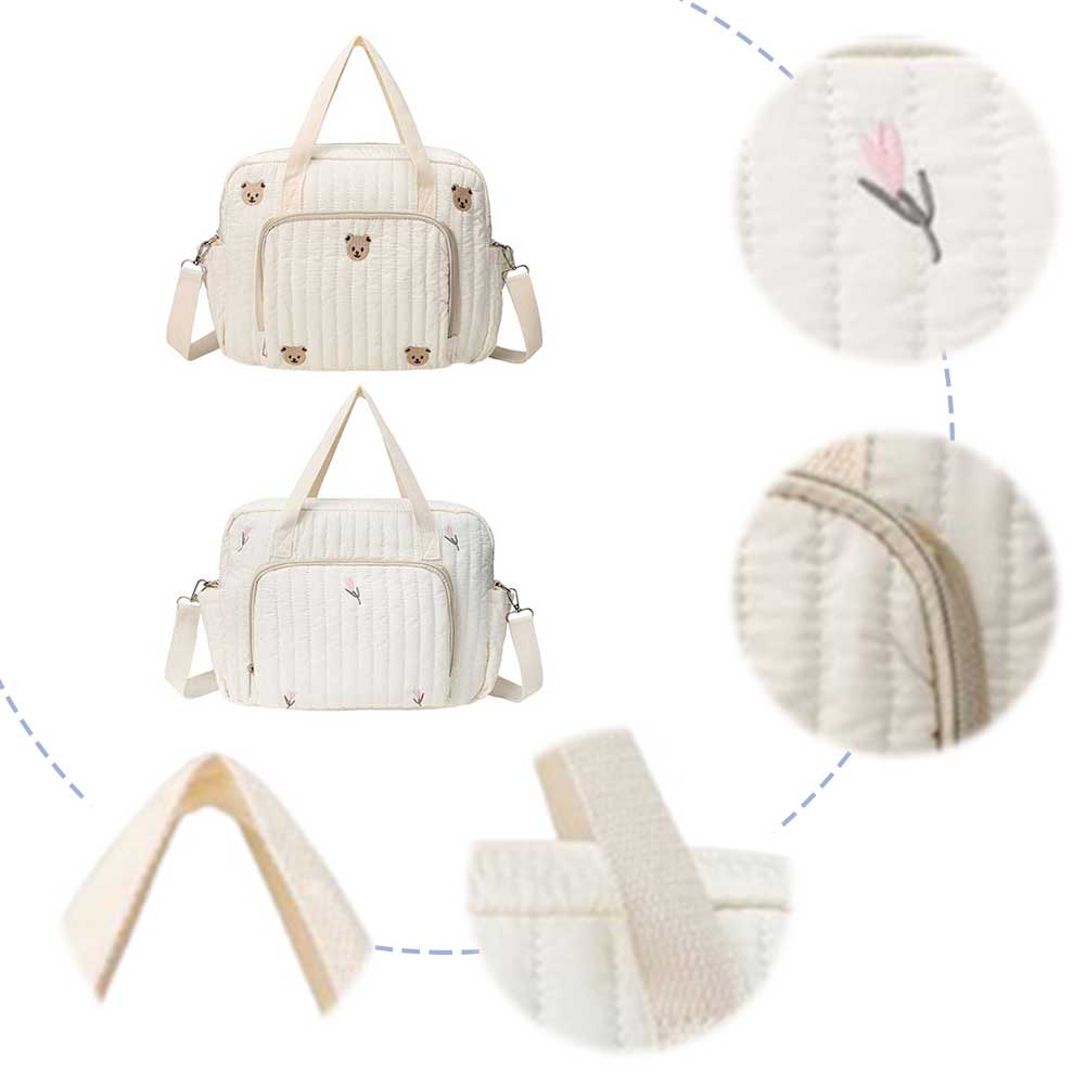 Bear/Flower Quilted Mommy Bag Multifunctional Crossbody Maternity Bag Cotton Messenger Shoulder Bag Adjustable Strap Luggage Bag