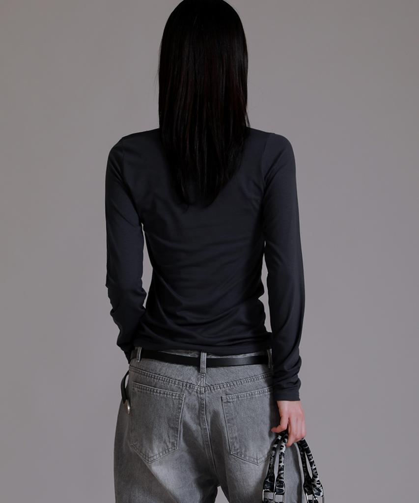 LIKE THE MOST U Round Basic Long Sleeve T-Shirt_Charcoal