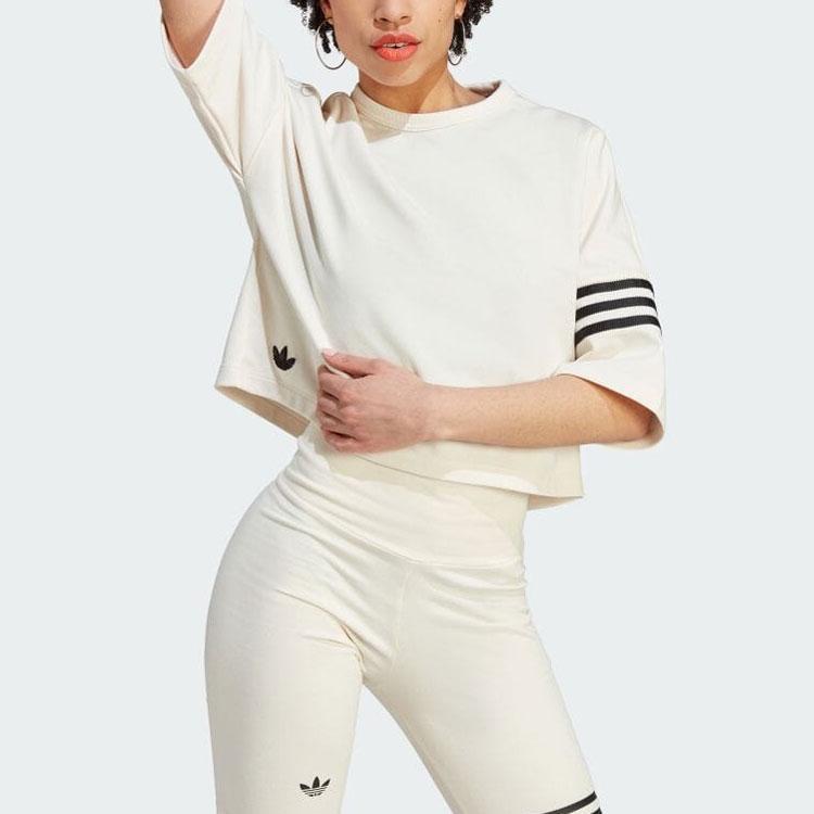 Adidas Originals Trefoil Tre-stripe Colorblock Cropped Kortarmet T-skjorte Dame Topper Beige IM1830