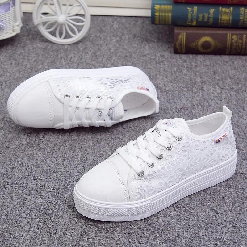 Women Shoes 2025 Fashion Summer Casual White Shoes Cutouts Lace Canvas Hollow Breathable Platform Flat Sneakers Zapatillas Mujer