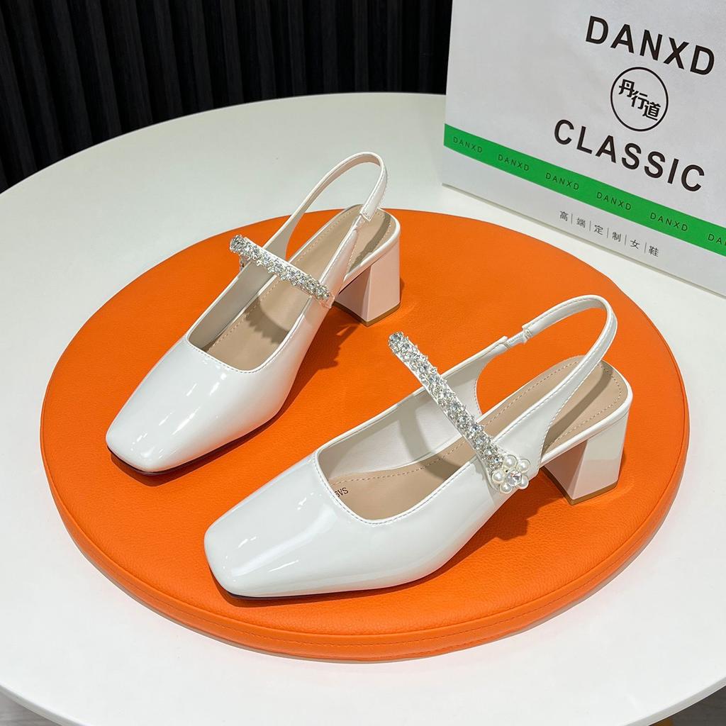 Rhinestone Word with High Heels Baotou Sandals Women's 2025 Summer New Models with Skirts, Absolutely Unique Thick Heels, Empty Shoes