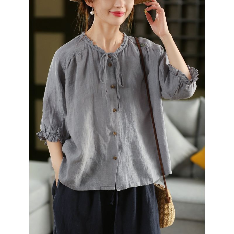 

Retro Heavy 100% Linen High-Quality Non-Transparent Meat Embroider Stringy Selvedge Lace-up Shirt Coat Single-Breasted Shirt