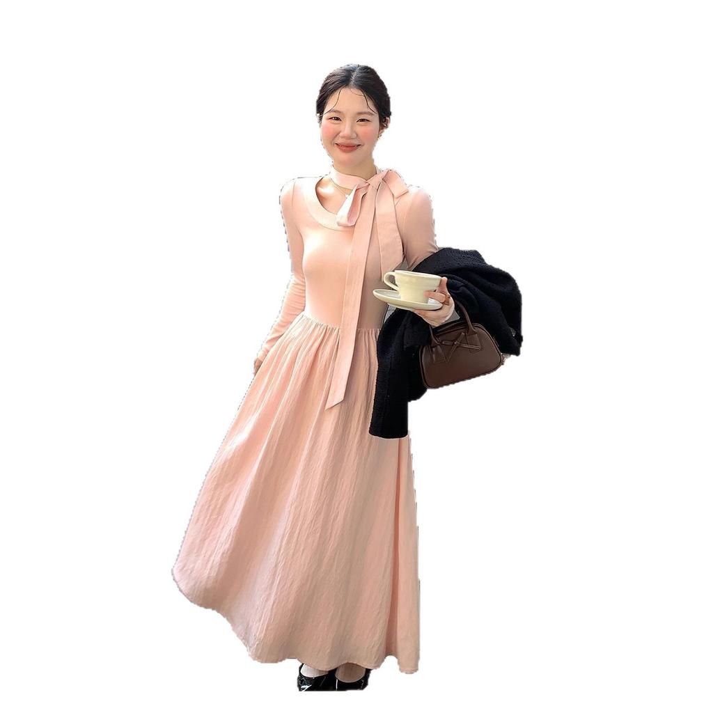 Temperament sweet streamer pink long-sleeved dress women's autumn and winter elegant and gentle Kochi wear bottom medium and long dress