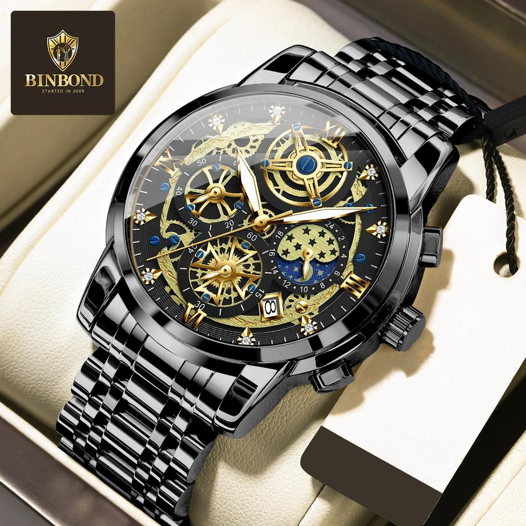 BINBOND Luxury Man Watch Waterproof Luminous Chronograph Date Men Watch Stainless Steel Quartz Men's Watches