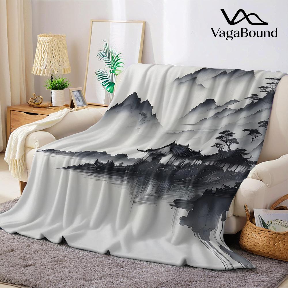 Ink Wash Mountain Villa Flannel Blanket Warm Soft Halloween Christmas Couch Warm Cozy Decorative Decor Gift for All Season