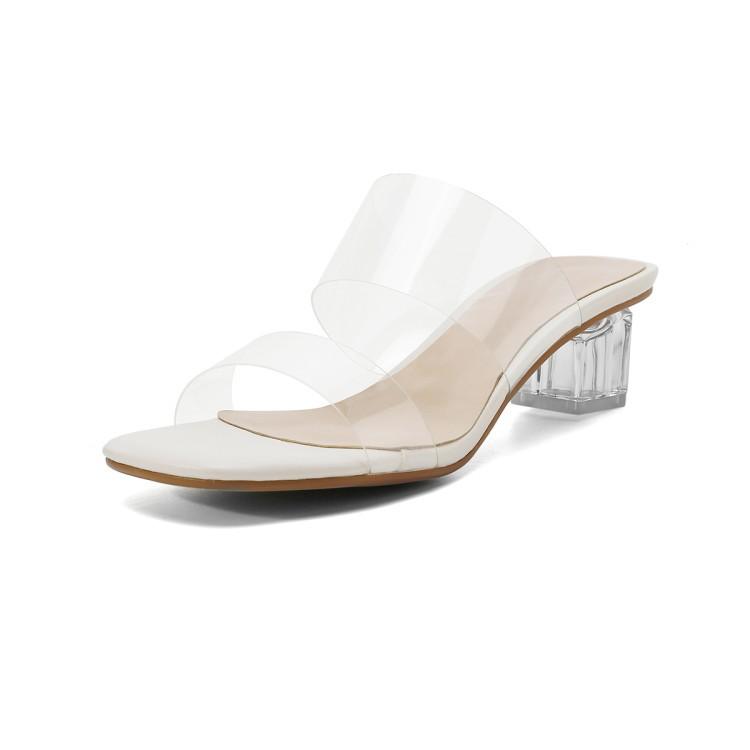 

Transparent thick-heeled sandals for women s 2025 summer wear, new crystal-heeled cool slippers, simple, versatile and comfortable one-word drag 42
