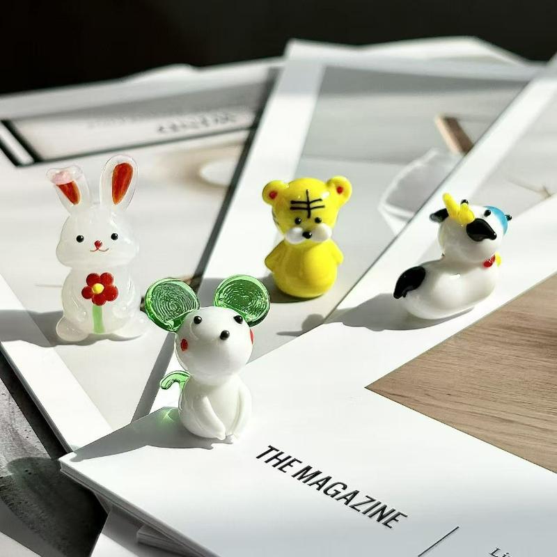 1Pcs Cute Glass Miniatures Zodiac Figurines Cartoon Animal Micro Landscape Ornaments Handmade Desktop Decoration Accessories