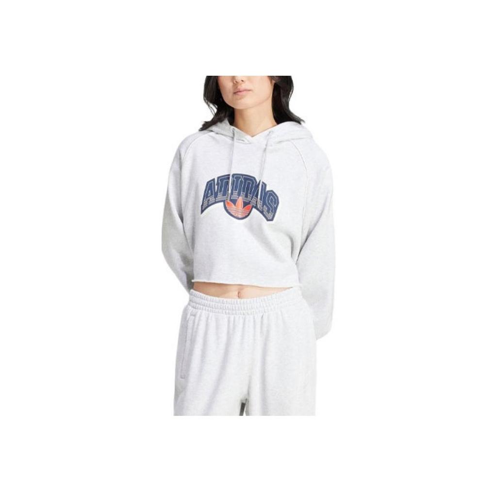 Adidas Originals Cropped Hoodie With Letter Logo Print Women Tops Light-Hemp-Gray IS2319