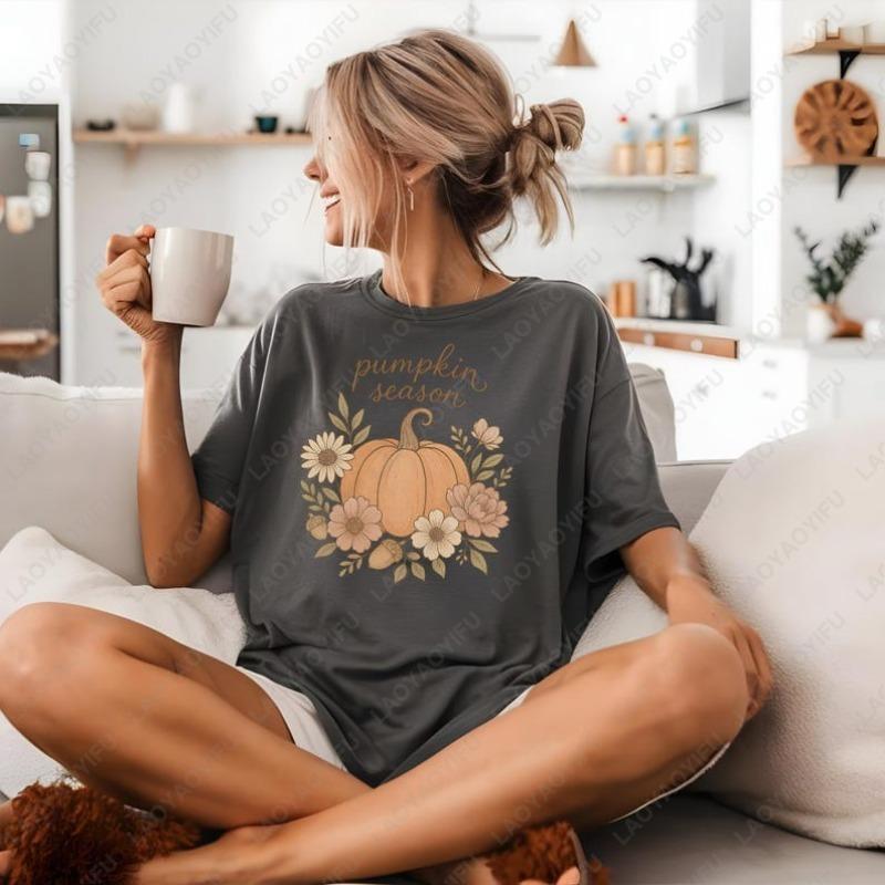 Pumpkin Season Cotton TShirt Fall Floral for Women Men Cute Thanksgiving Autumn Season Tops Cozy Outfit Popular Harajuku Tees