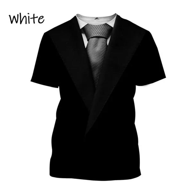 Summer Round Neck 3D Tuxedo Retro Tie Printed Top Fake Suit Tops Fashionable Casual Short Sleeved Men's T-shirts