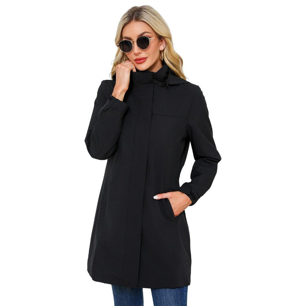 Spring and Autumn Detachable Hat Water Repellent Windbreaker Women's Solid Color Long-sleeved Thin Jacket Casual Women's Clothing