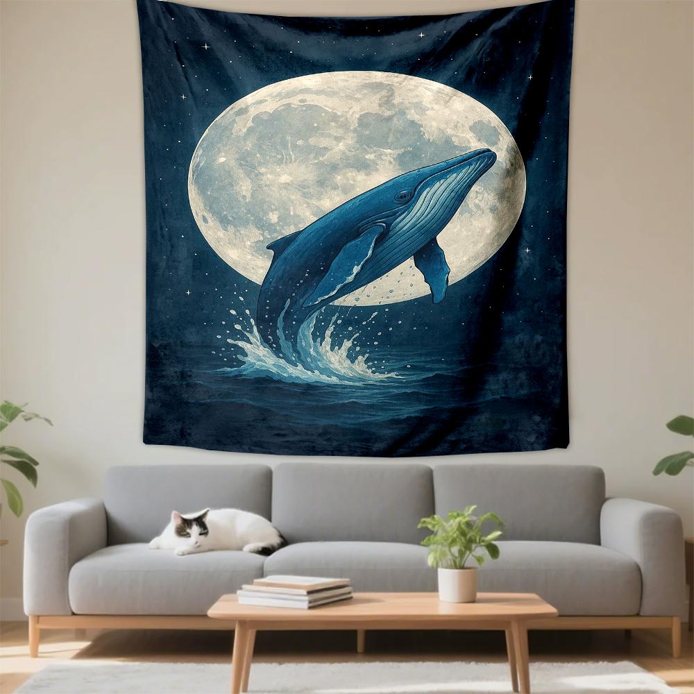 Whale Jumping Under Full Moon Night Scene Patterned tapestry for bedroom and living room home decor