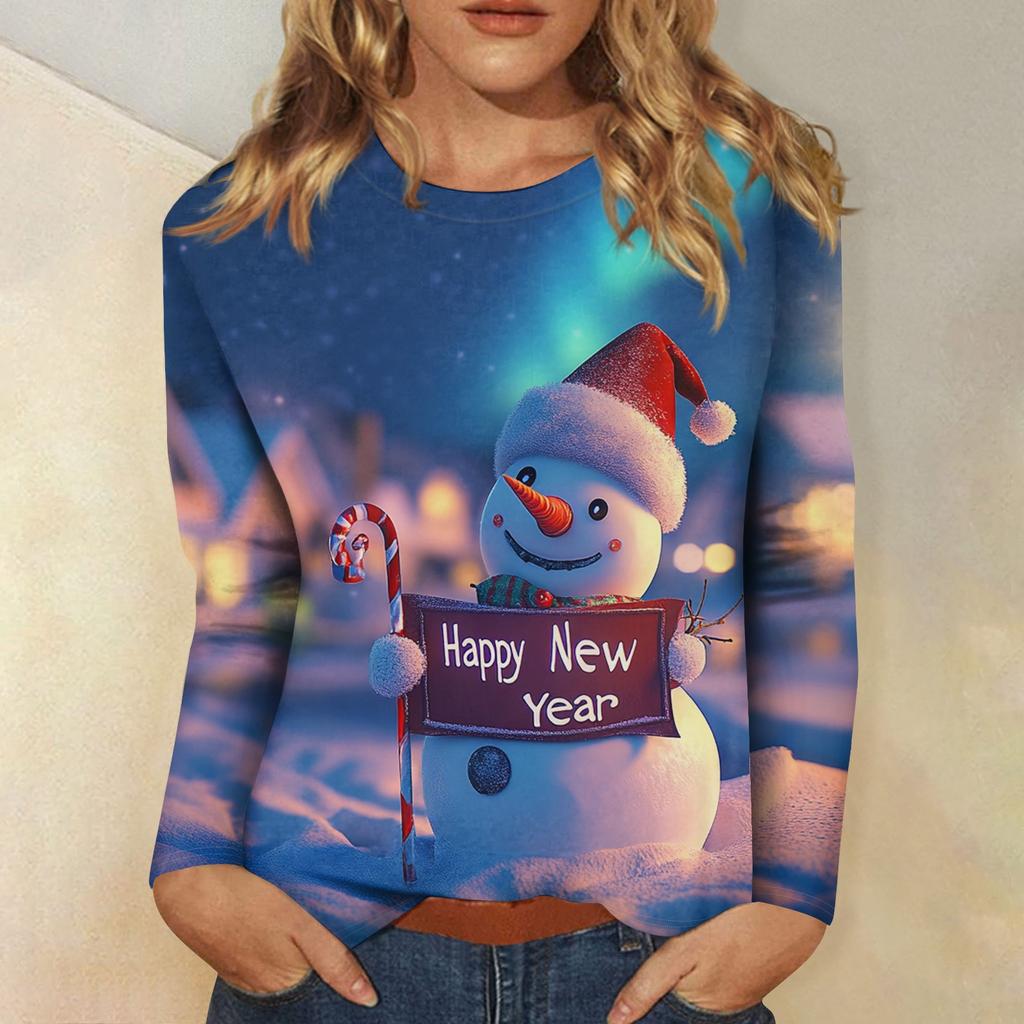Women's Casual Fashion Sexy Comfortable Christmas Printed Round Neck Long Sleeve Top