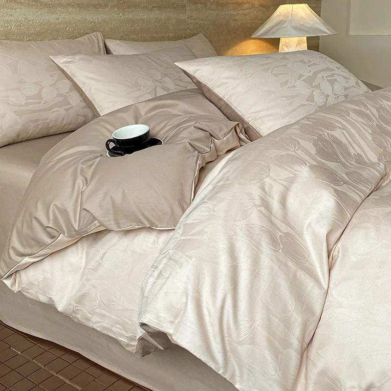 Light Luxury Satin Jacquard Solid Fitted Sheet Sets Pure Cotton Skin-Friendly Soft Quilt Cover 1.5/1.8M Bed Bedding for Adults