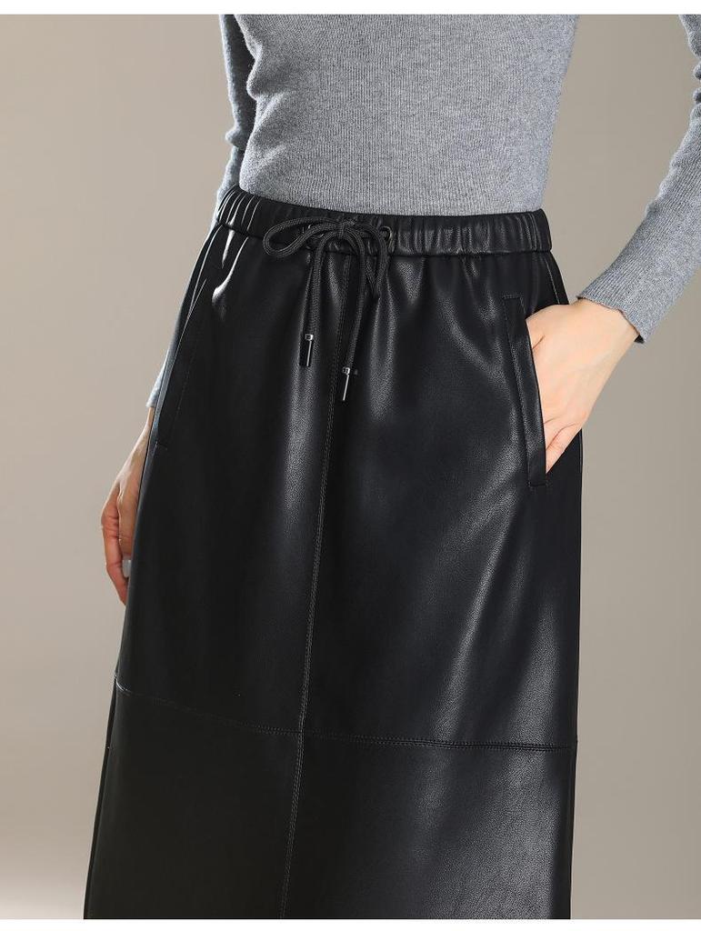 Elegant Slimming Mid-Length Lambskin Skirt with Slit for Women - Fashionable High-End Casual Style